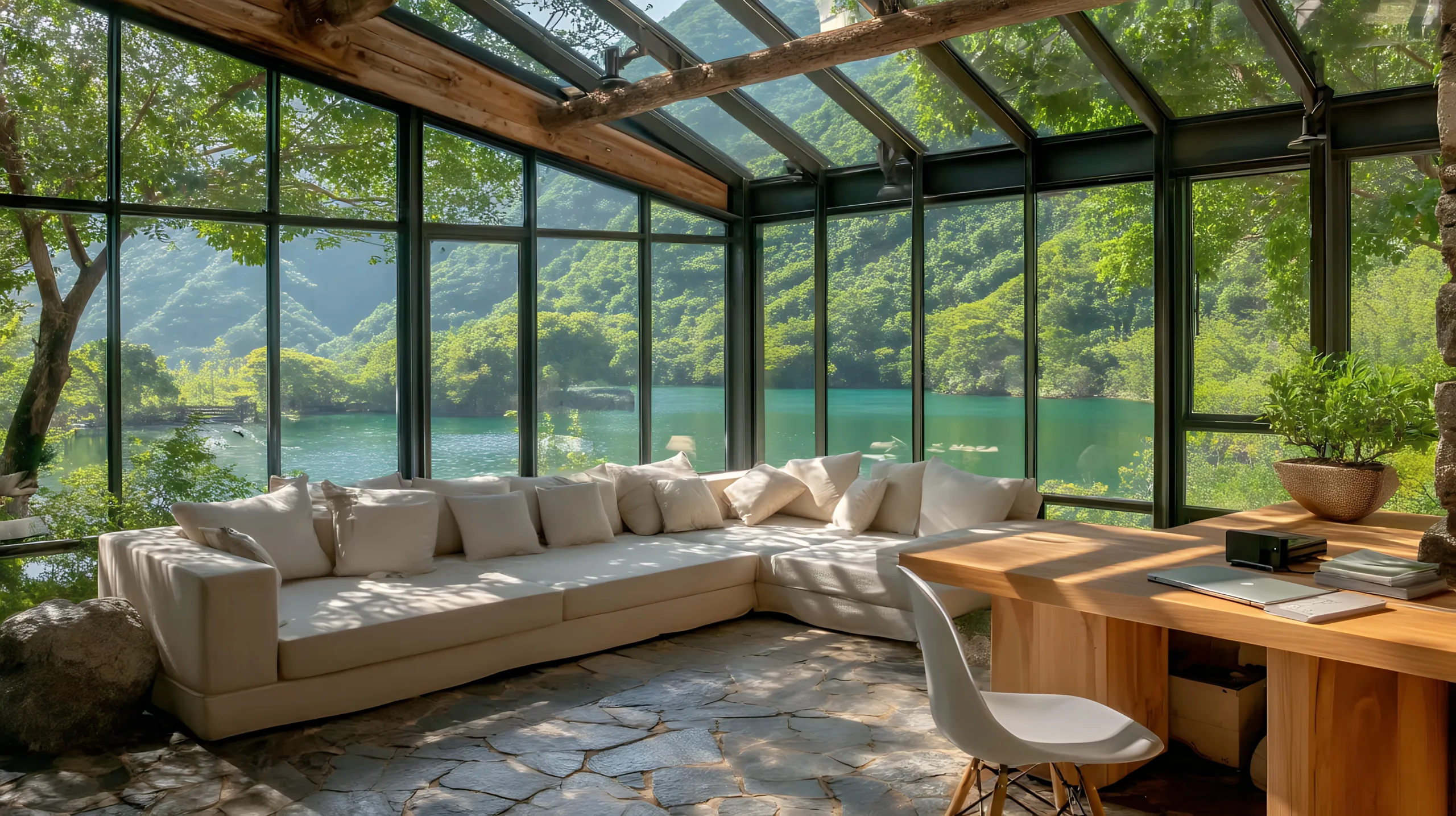Bright lakeside living room with large windows overlooking the water in West Michigan