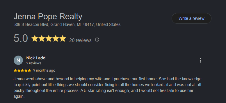 Google review for Jenna Pope Realty